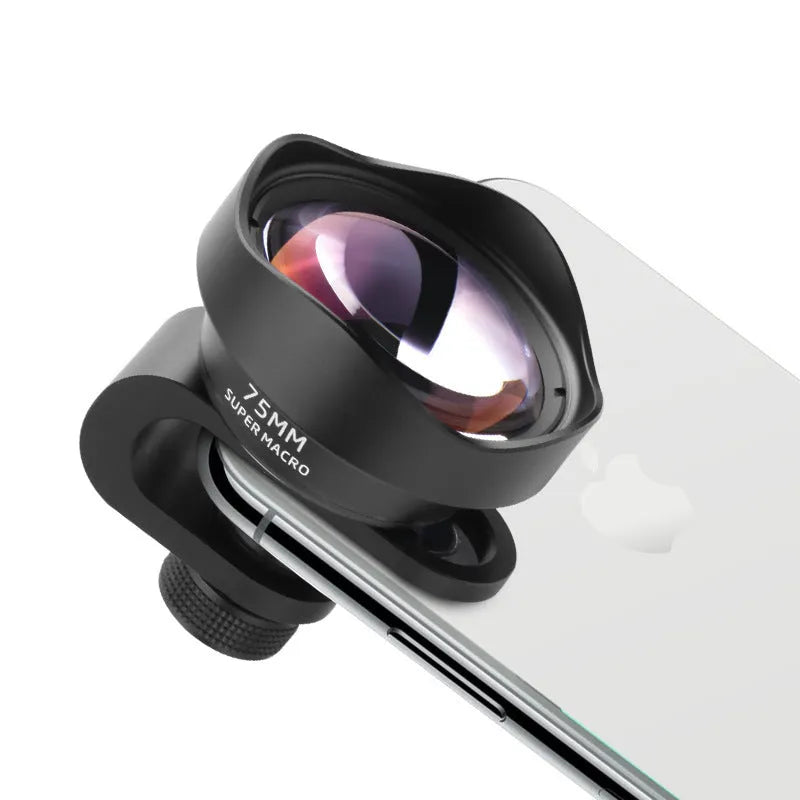 Universal mobile phone macro lens with protective cover and storage bag for close-up smartphone photography.