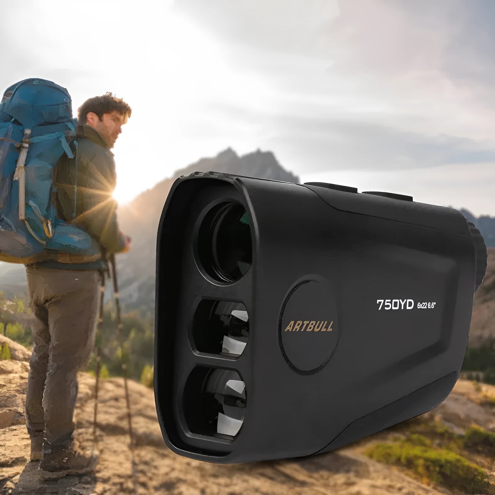 Golf laser rangefinder with LCD display showing distance measurement and slope adjustment