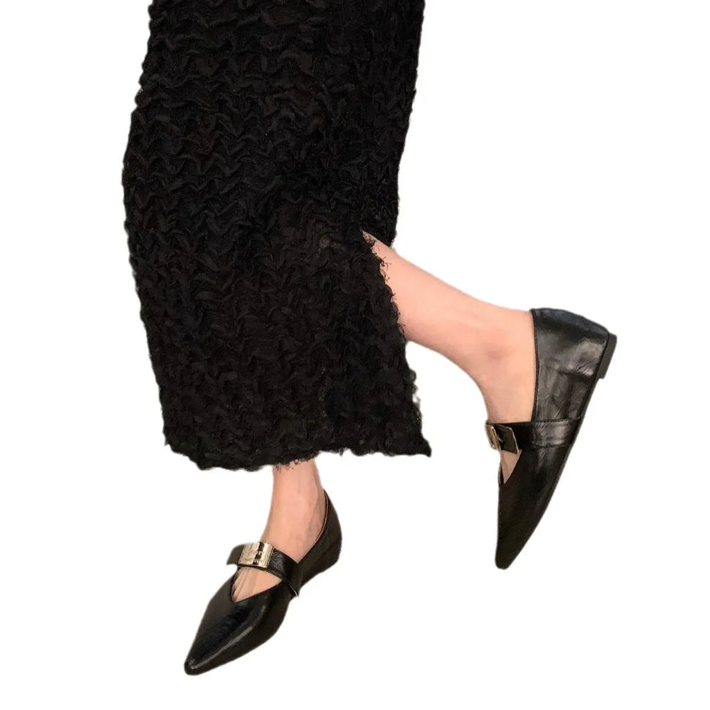 Women's silver pointed toe Mary Jane shoes with a buckle fastening, shown in black and wine red.