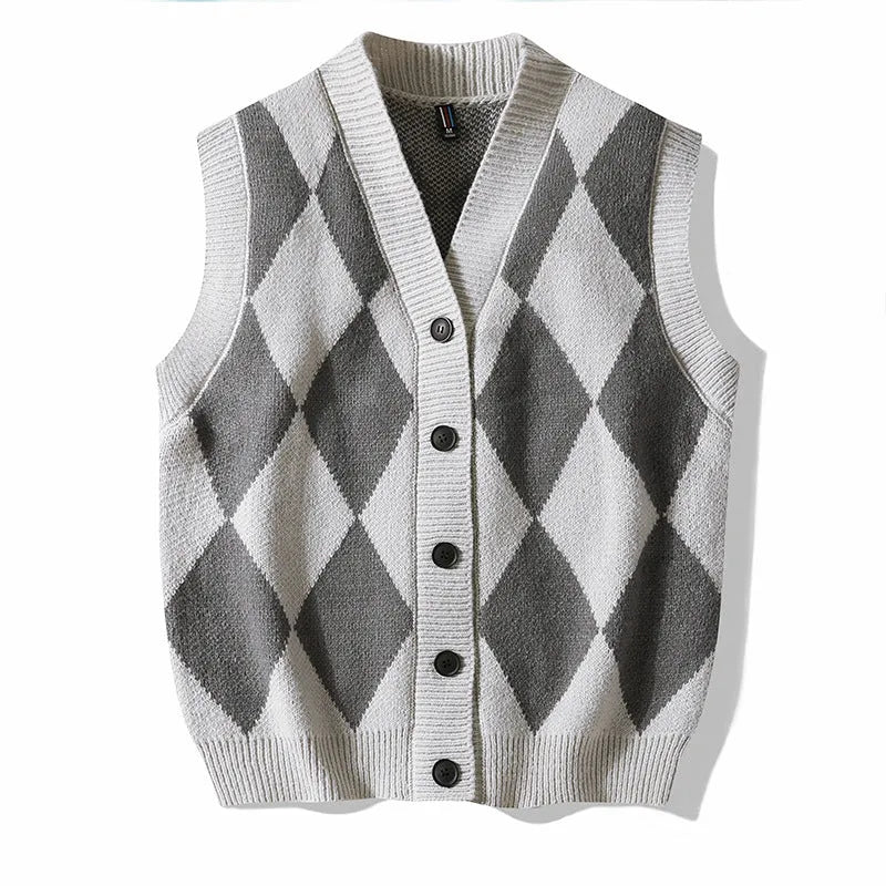 Men's V-neck cardigan sweater vest in solid colour, loose fit, sleeveless, spring autumn leisure wear