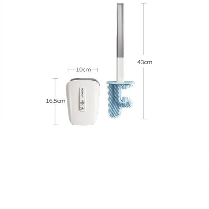 Plastic toilet brush with blue TPR antibacterial brush head and matching bucket on wall mount