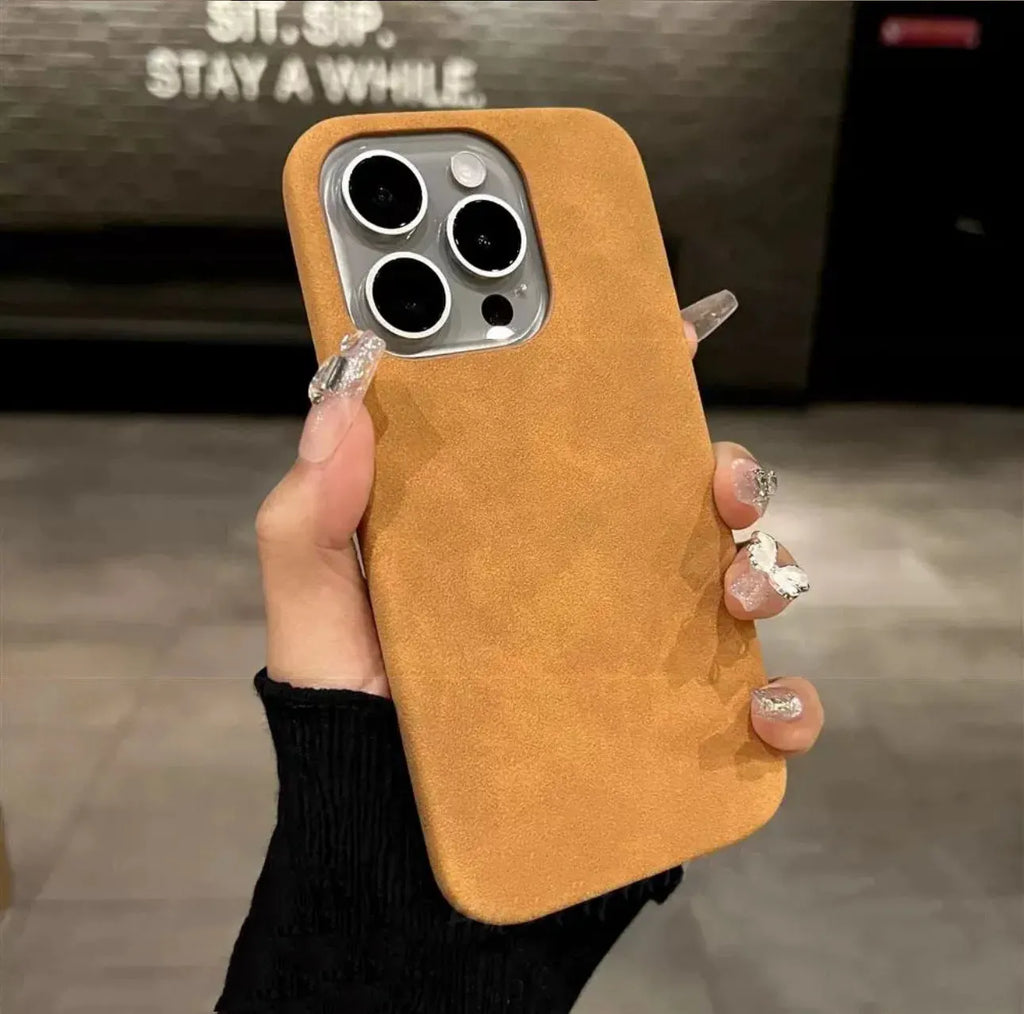 Solid colour suede imitation leather iPhone case in half-pack design showing shockproof protection features