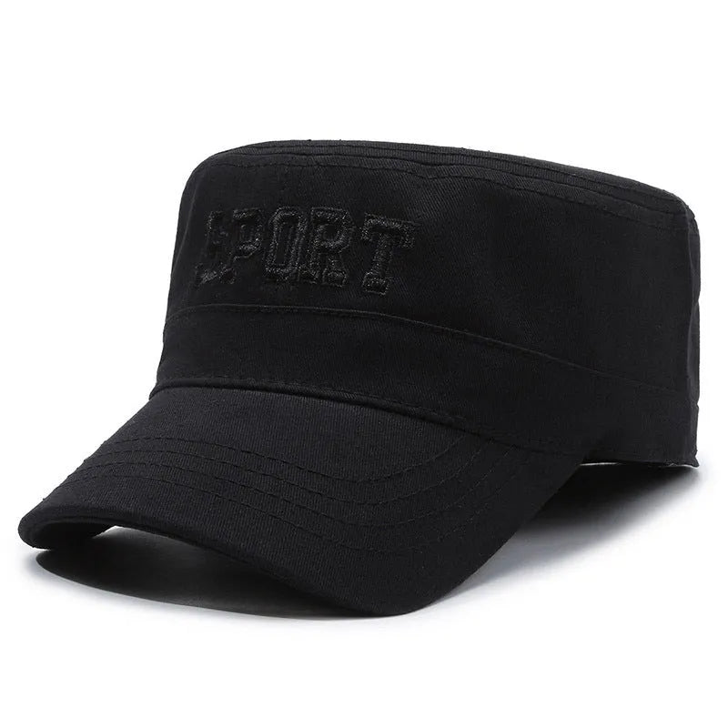 Men's flat-top peaked cap in cotton, shown in army green colour with an adjustable strap.