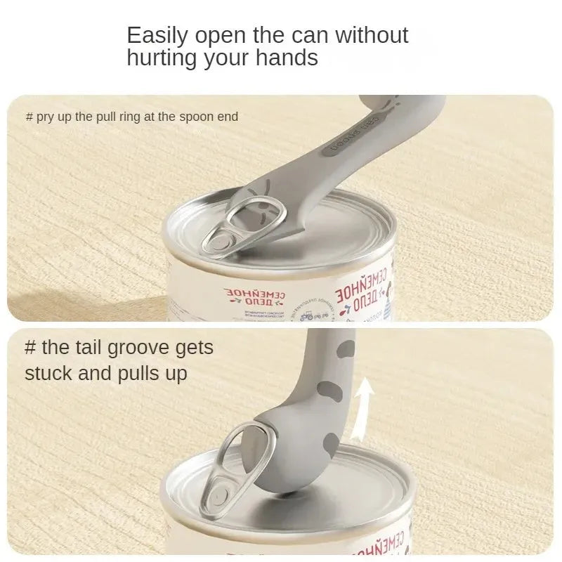 Silicone pet food mixing spoon and flexible can sealing lids in grey, pink and yellow colours.