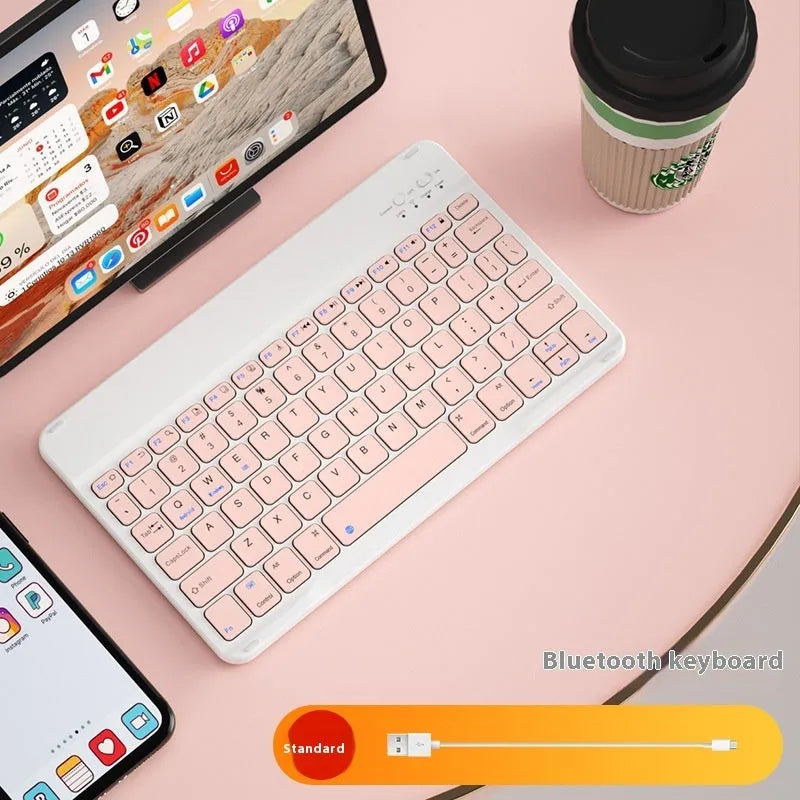 Bluetooth keyboard for tablet in ABS plastic, showing colour options including white, green, and pink.