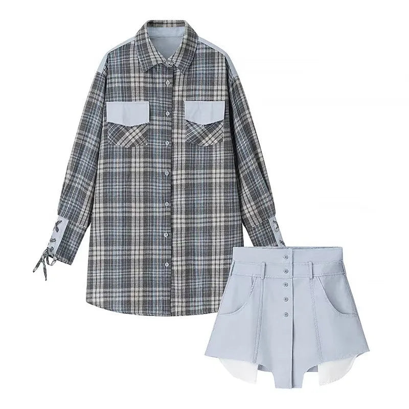 Women's loose plaid shirt and short skirt two-piece set in solid colour with button front and long sleeves, intellectual style, polyester blend fabric.