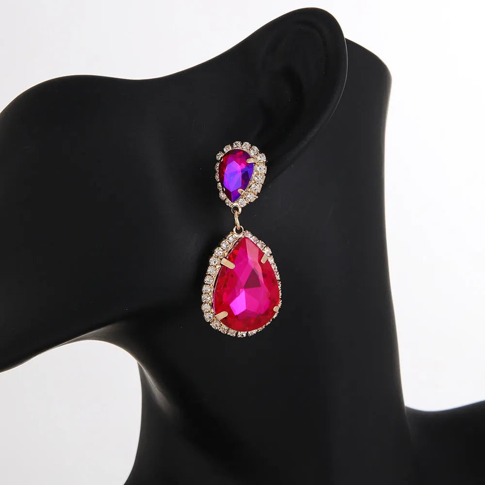 Multi-layer drop-shaped glass rhinestone earrings for women, electroplated metal alloy, available in Rose Red, champagne, and Blue