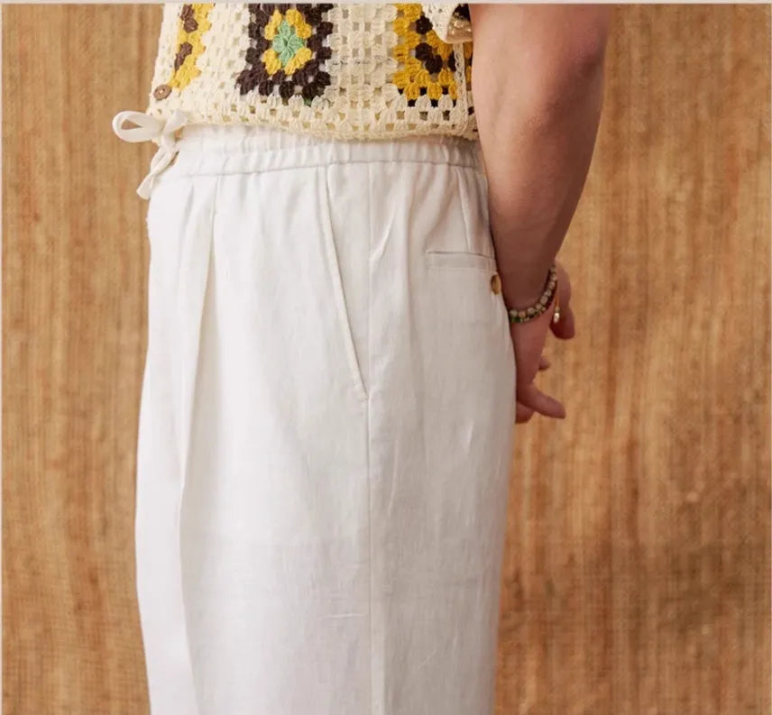 Women's linen straight-leg trousers with elastic high waist in navy blue colour