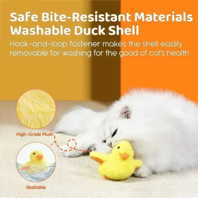 Yellow flapping duck cat toy with catnip filling and USB charging cable
