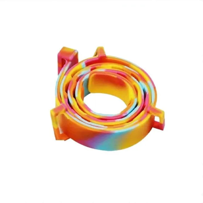 Rainbow-coloured plastic flea repellent collar for cats and dogs.