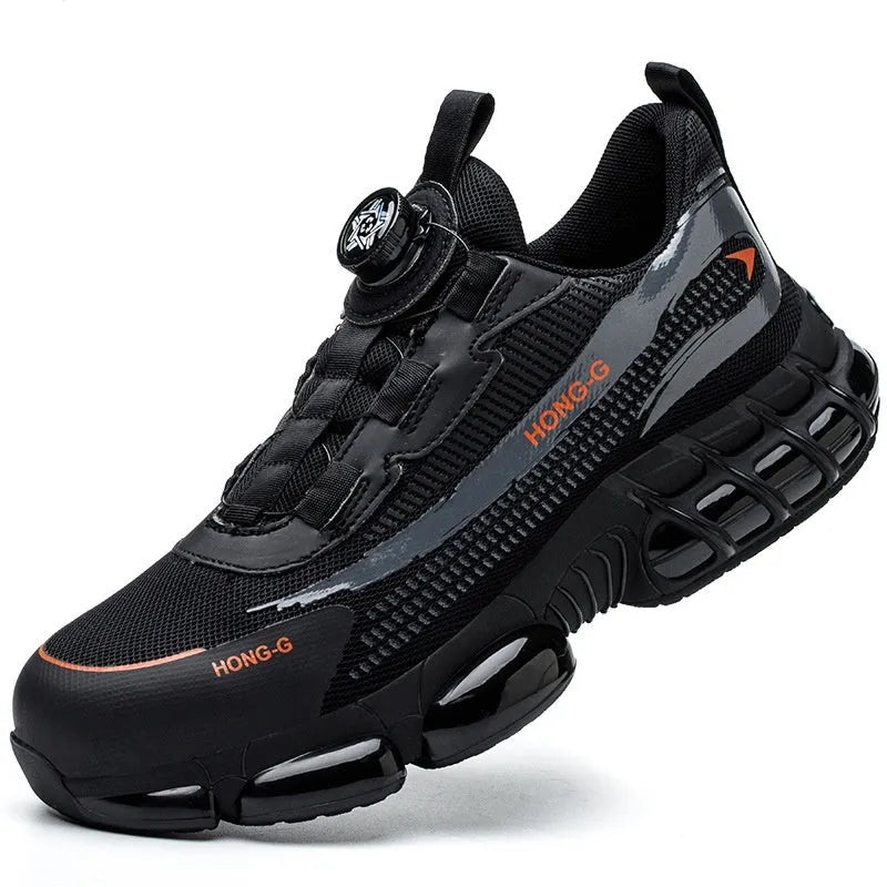 Men's lightweight black safety work shoes with steel toe cap and lace-up front.