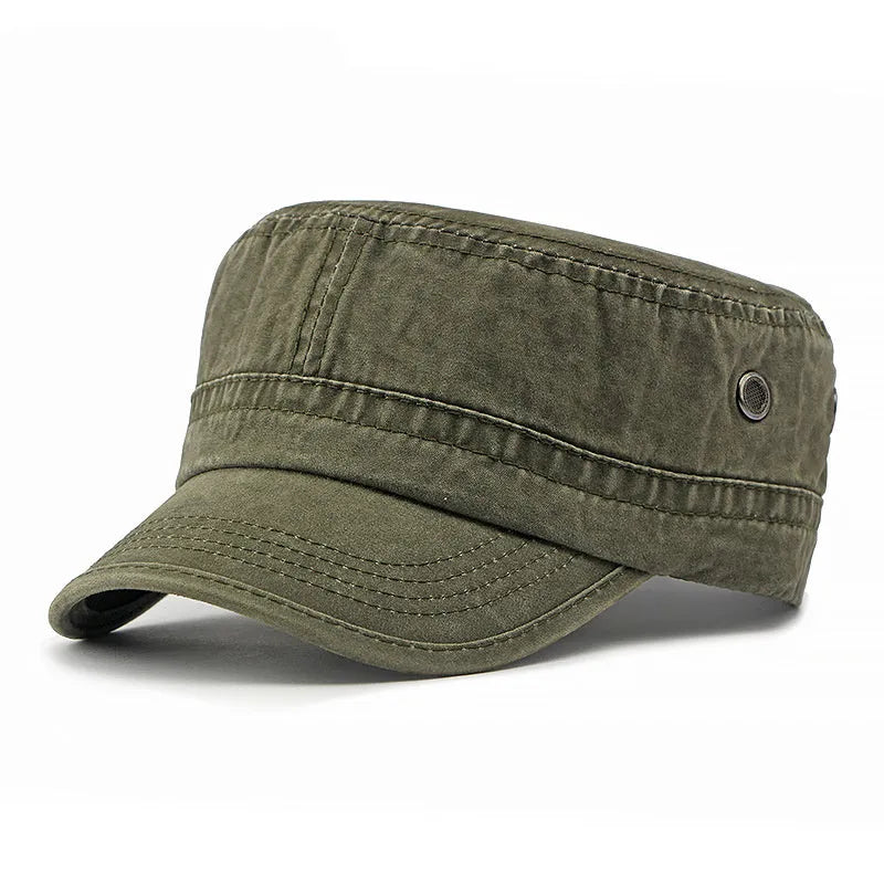 Military flat top cap in cotton fabric with adjustable strap, shown in army green colour