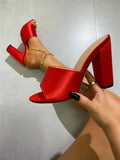 Women's black satin surface sandals with chunky block heel and open toe design