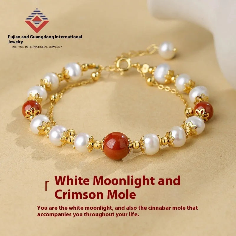 Sterling silver double-layer bracelet with white moonlight and cinnabar mole freshwater pearl design