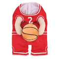 Red dog basketball costume with a ball next to a yellow version, shown in small, medium, and large sizes.
