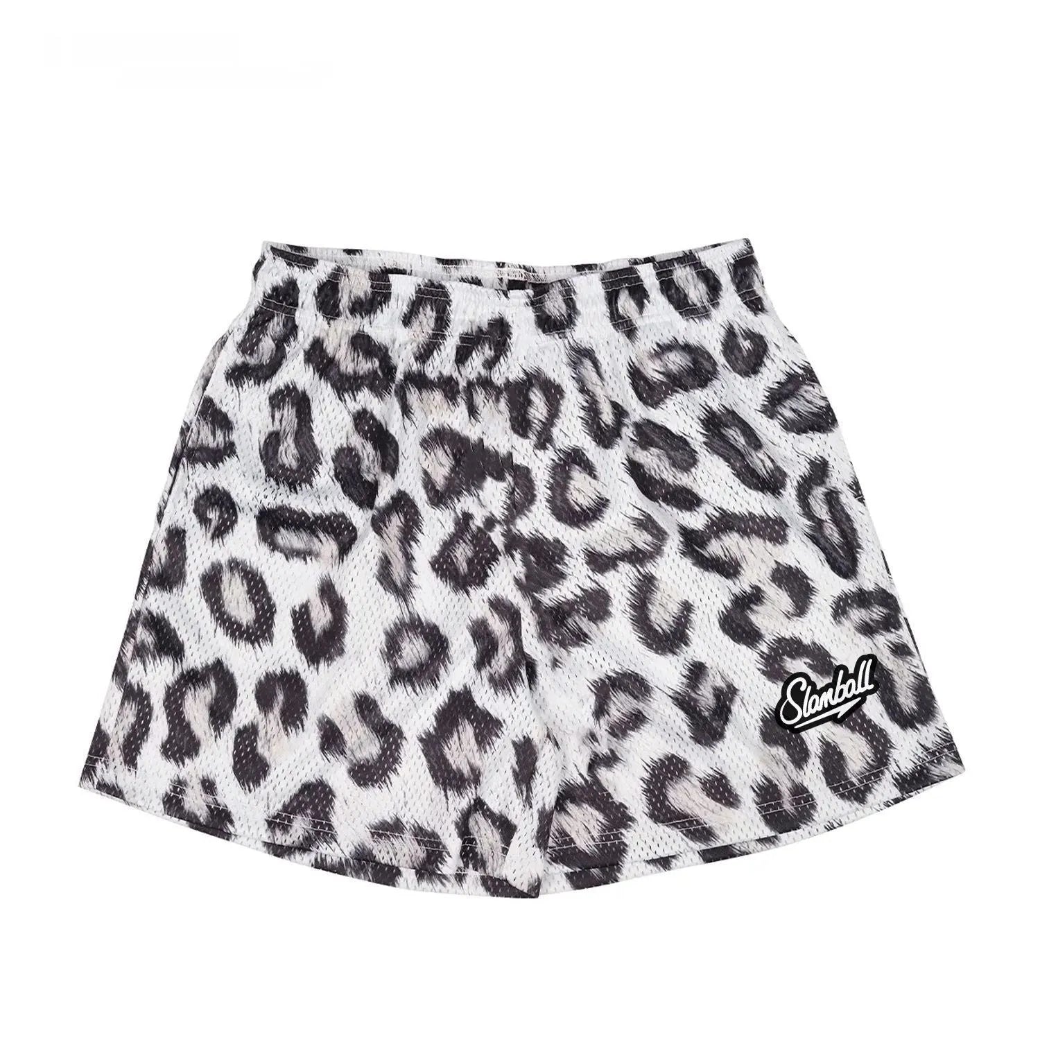Men's leopard print quick-dry fitness shorts with mid waist and athletic cut