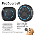 Black and white wireless dog door touch bell with IP55 waterproof rating for outdoor pet training.