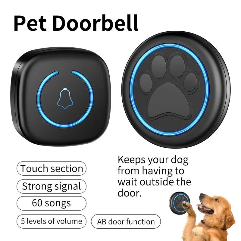 Black and white wireless dog door touch bell with IP55 waterproof rating for outdoor pet training.
