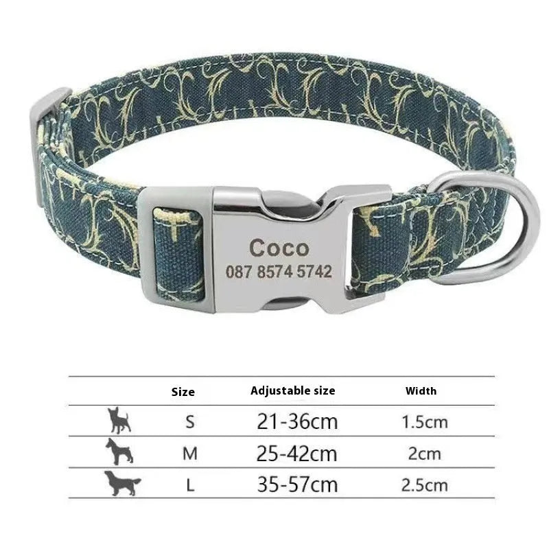 Striped canvas dog collar with semi-metal buckle in bohemian blue colour with adjustable sizing.