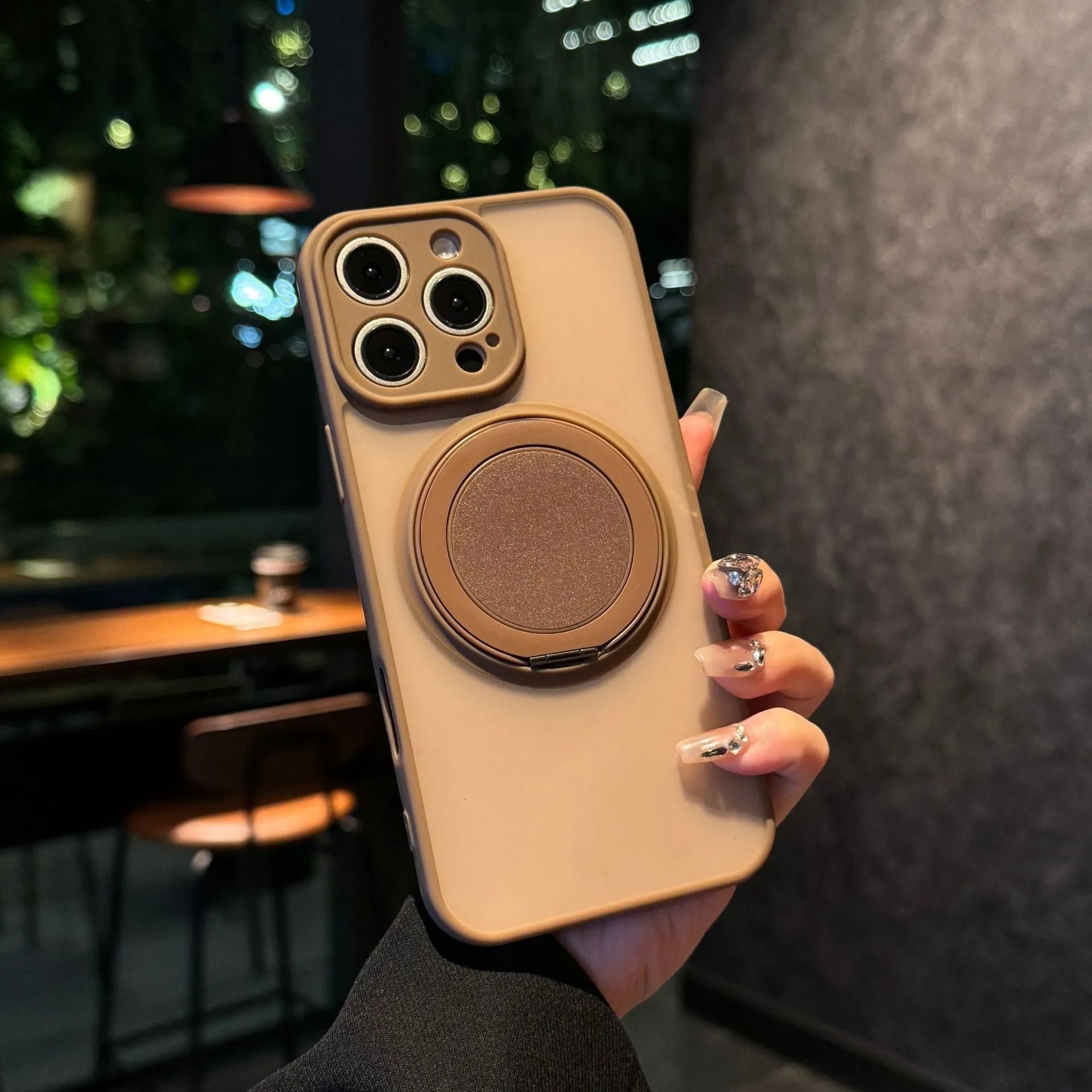 Frosted magnetic rotating bracket phone case for iPhone 17 in multiple colour options showing bracket extended