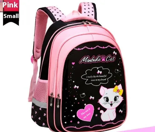 Kids school cute cat print nylon backpack with load-reducing design and computer pocket in pink and black colourway.