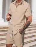 Men's striped casual suit set comprising a short-sleeve shirt and matching shorts in colour YT50313P1.