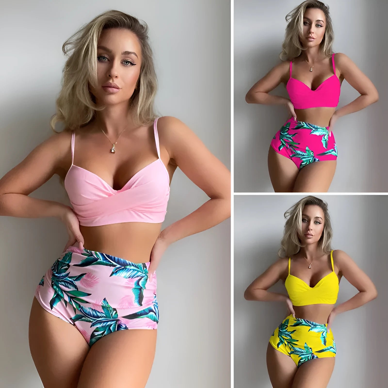 Yellow floral print women's bikini set with push-up bra and high-waist briefs on a mannequin.