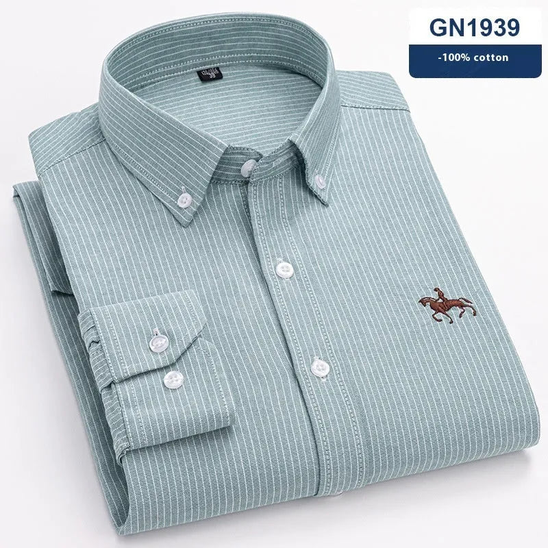 Men's pure cotton Oxford casual shirt on a hanger, showing button front and long sleeves.