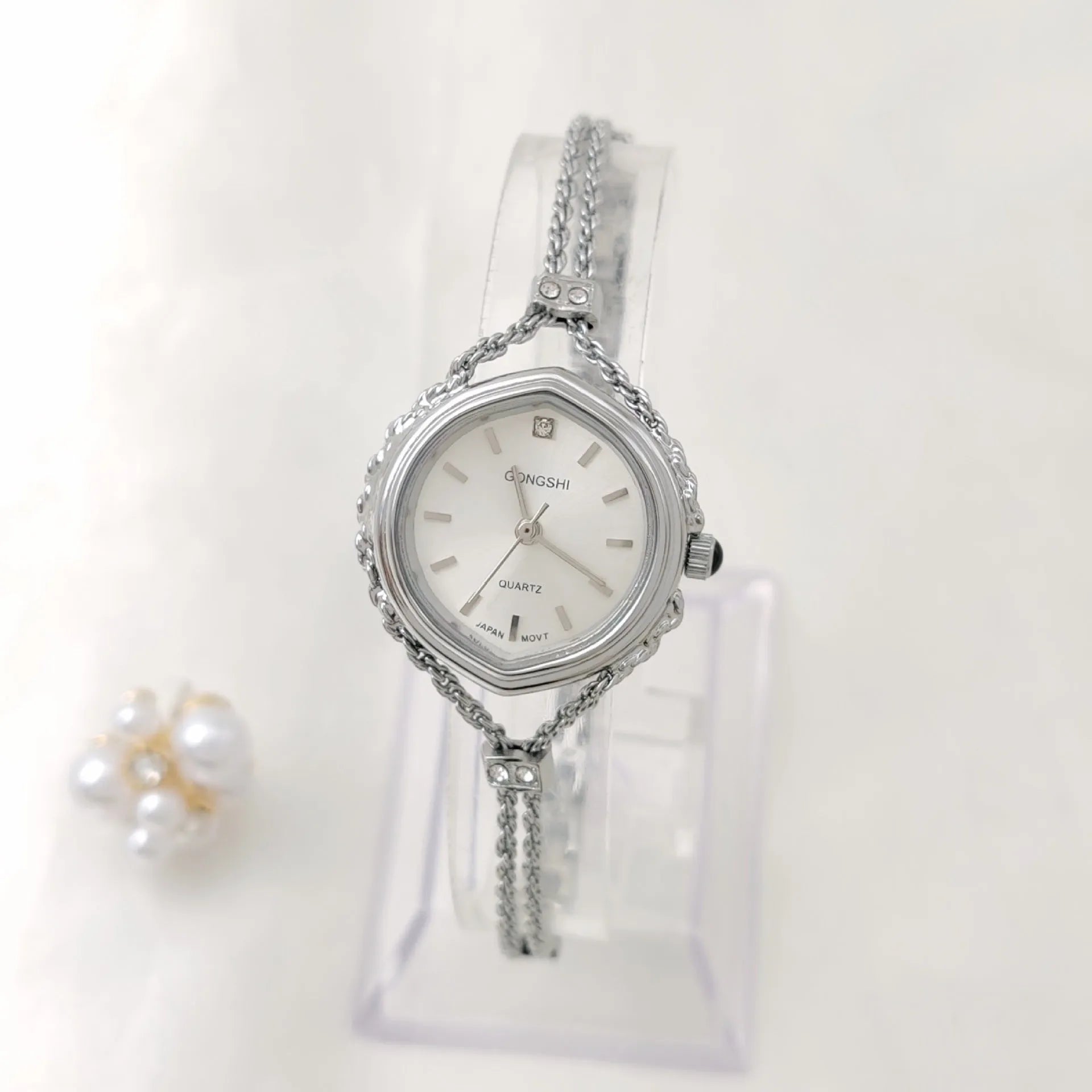 Gold and silver mori style ladies quartz watch with 25mm dial and chain strap