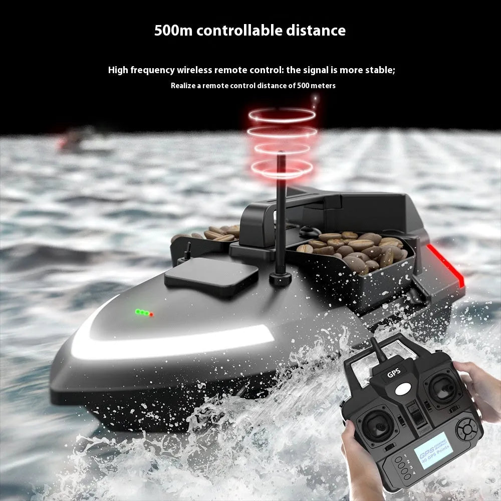 Black and luminous yellow remote control GPS fishing boat with LED light on calm water.