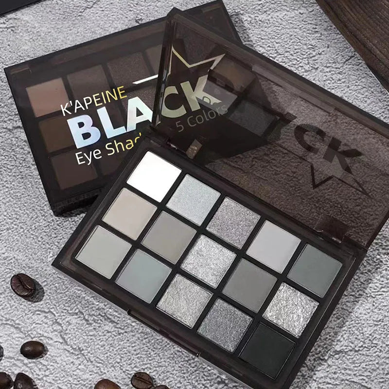 15-colour eyeshadow palette with shimmer and matte finishes in European smoky style with cartoon design