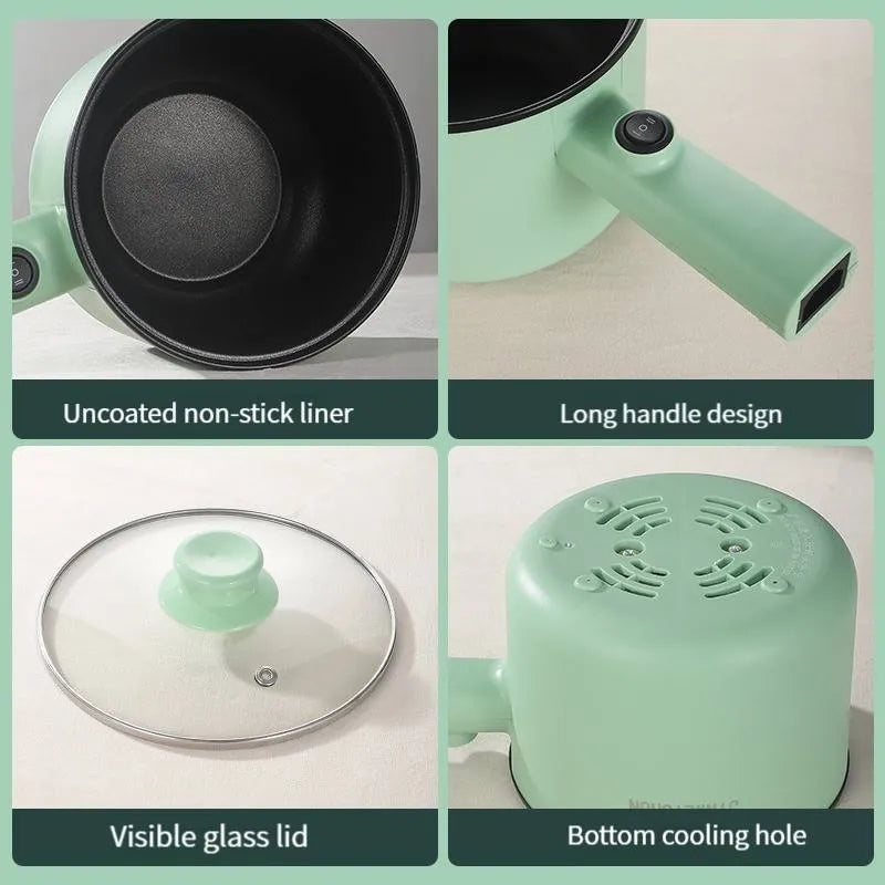 White, green, and khaki mini electric hot pot with non-stick interior and control panel.