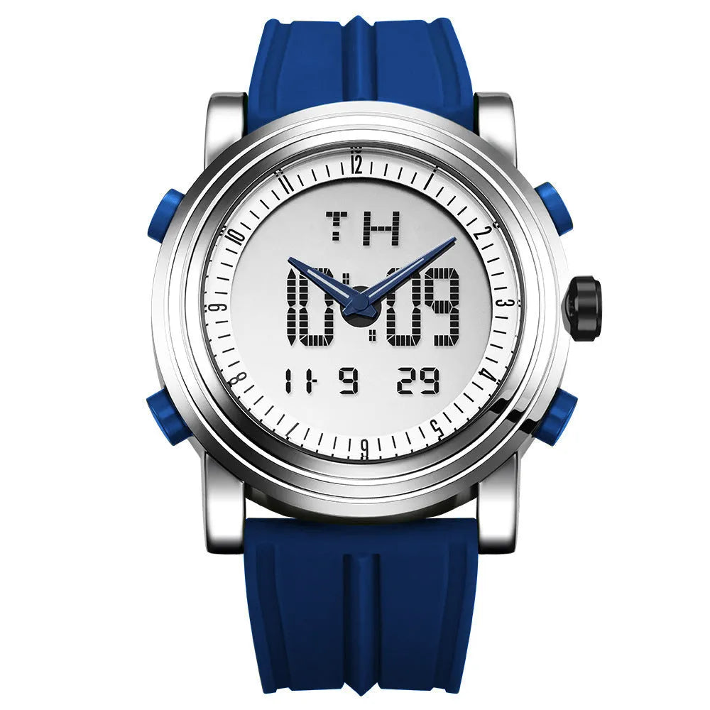 Black luminous electronic watch with analogue hands and digital display on 47mm dial
