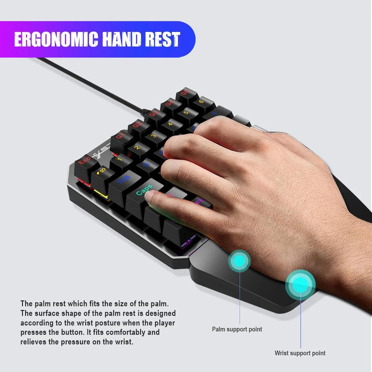 Mini one-handed mechanical gaming keyboard with 35 keys, seven-colour backlight, and wired USB connection