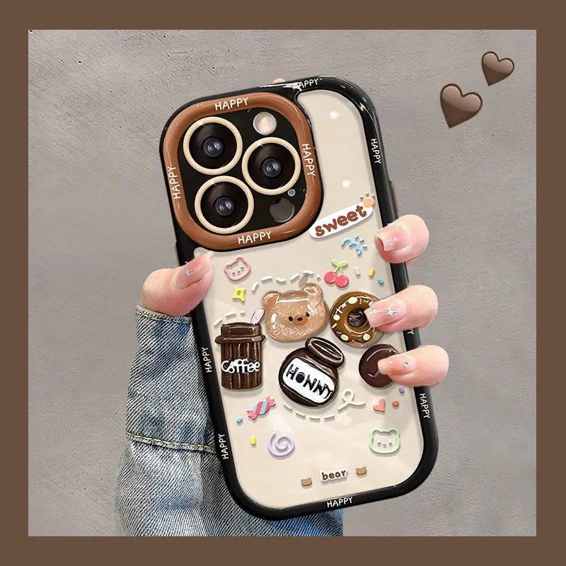 Silicone phone case with coffee bear doll pendant in cream colour for Apple iPhone models
