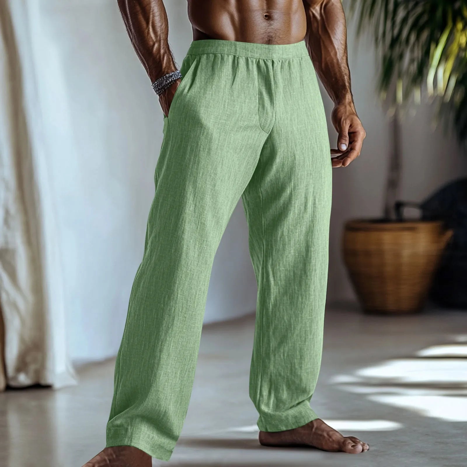 Cotton and linen straight-leg casual trousers in British style with straight leg openings