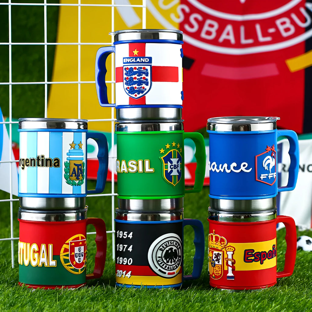 World Cup soccer mug souvenir in team colours, rubber and metal construction, 7.6cm diameter