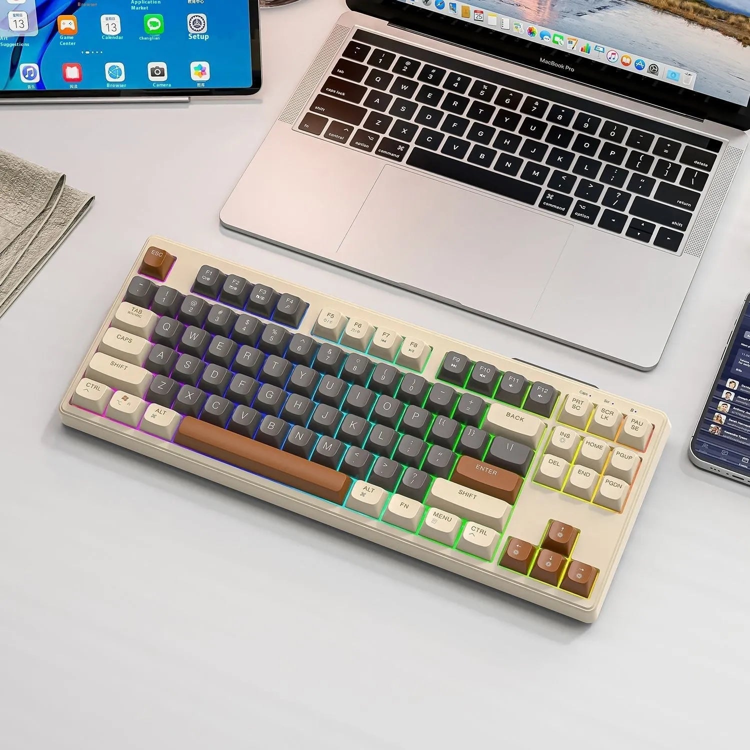 Free Wolf M87 wireless Bluetooth dual-mode mechanical feel keyboard in blueberry colour on a desk