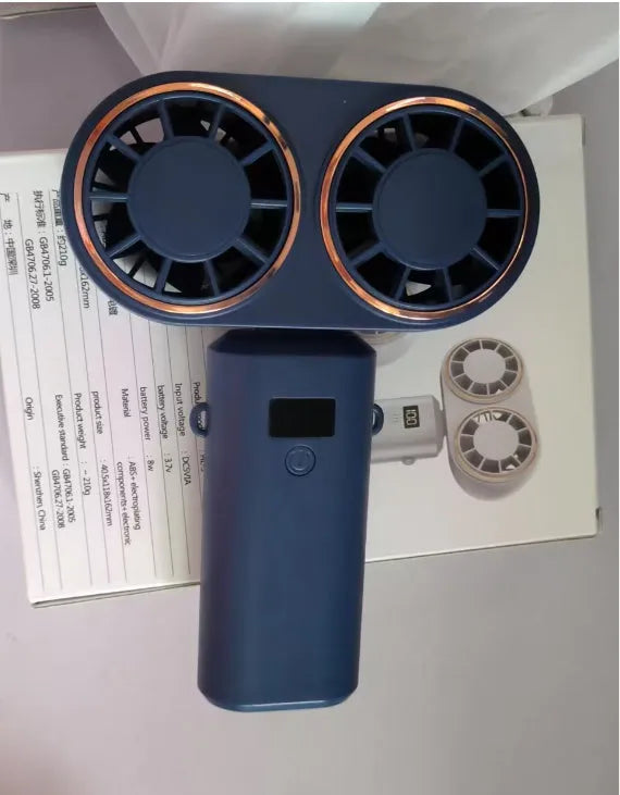Folding USB rechargeable handheld mini fan with digital display showing battery level and wind speed setting
