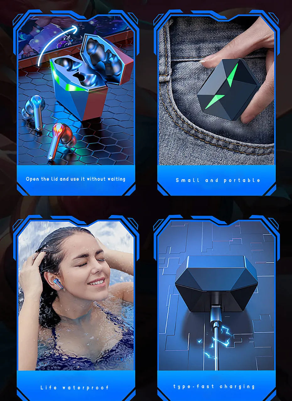 Black Bluetooth 5.0 wireless earbuds with active noise cancellation and charging case for gaming and sport