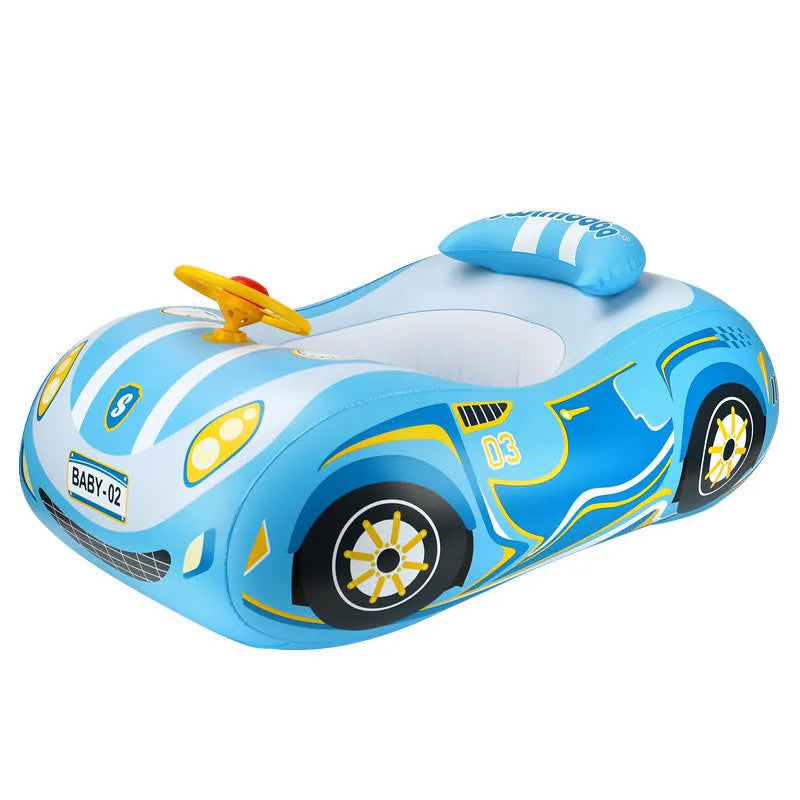 Pink inflatable car-shaped swimming ring for children with a central steering wheel.