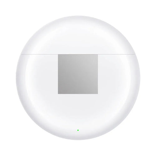 White Budz5 wireless Bluetooth earbuds with charging case on a table.