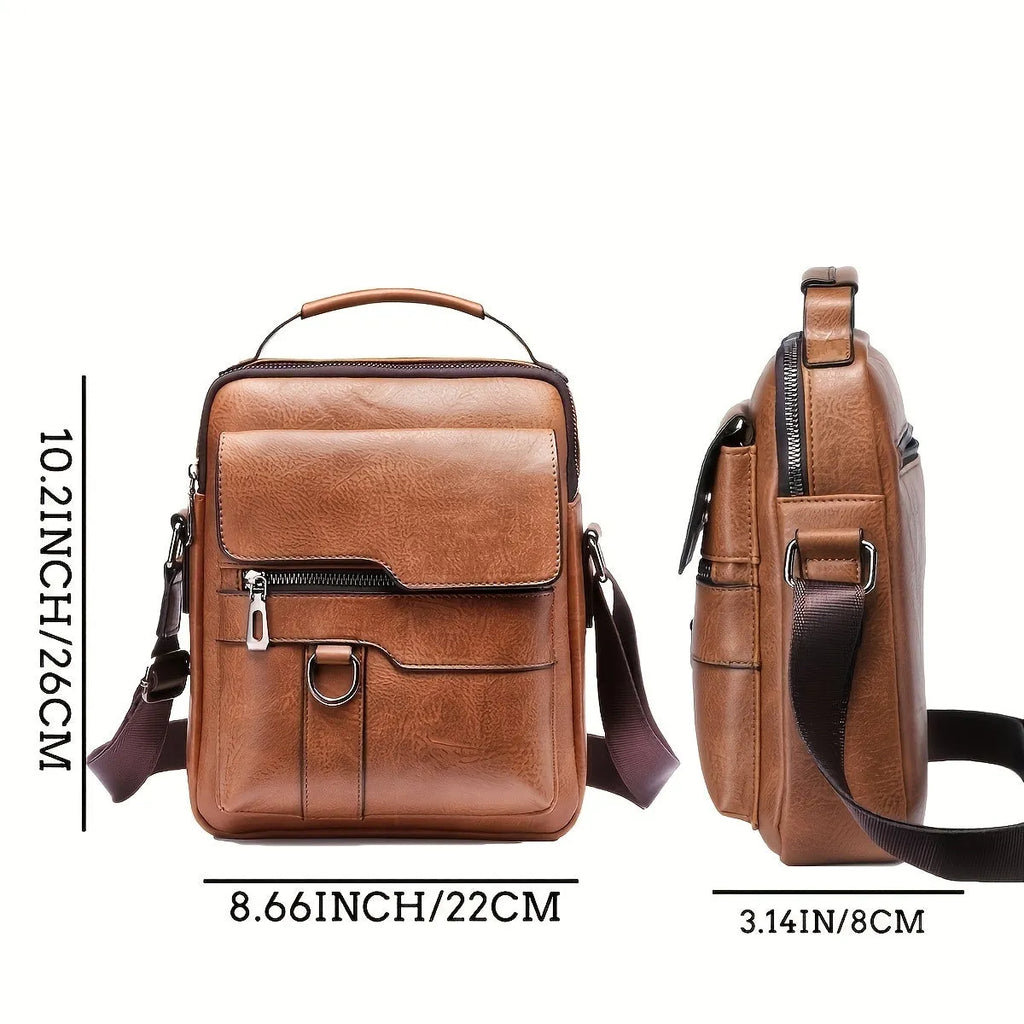 Men's brown PU leather crossbody messenger bag with metal zipper and adjustable strap on a plain background