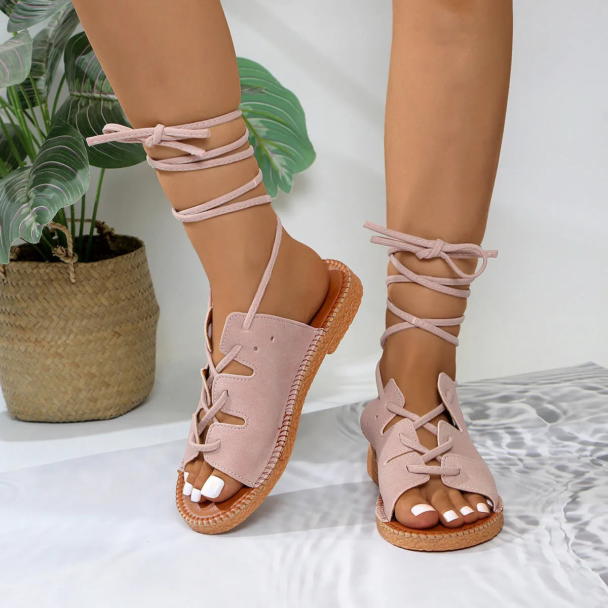 Plus size women's leopard print hemp rope lace-up sandals in light brown with leather upper and rubber sole