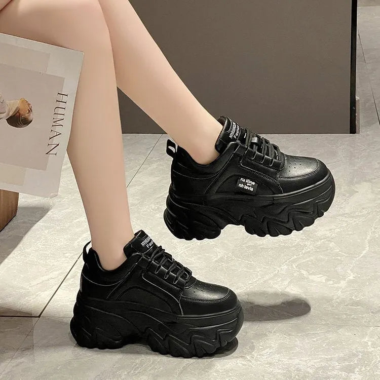 Height increasing insole dad shoes for women, super high heel, mesh upper, black colour, front lace-up
