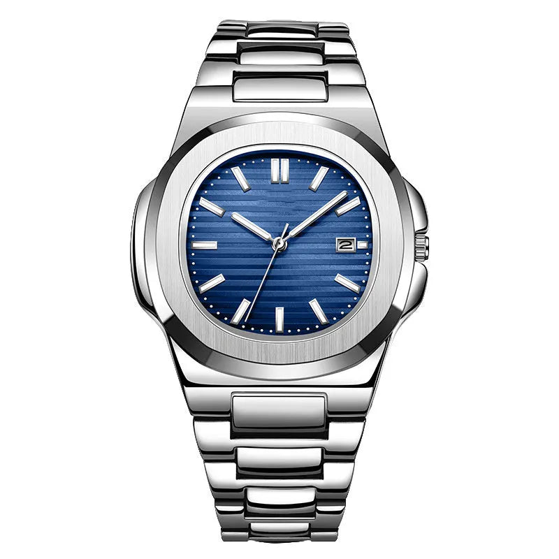 Men's steel belt calendar luminous watch with date window and metal case in silver black colour