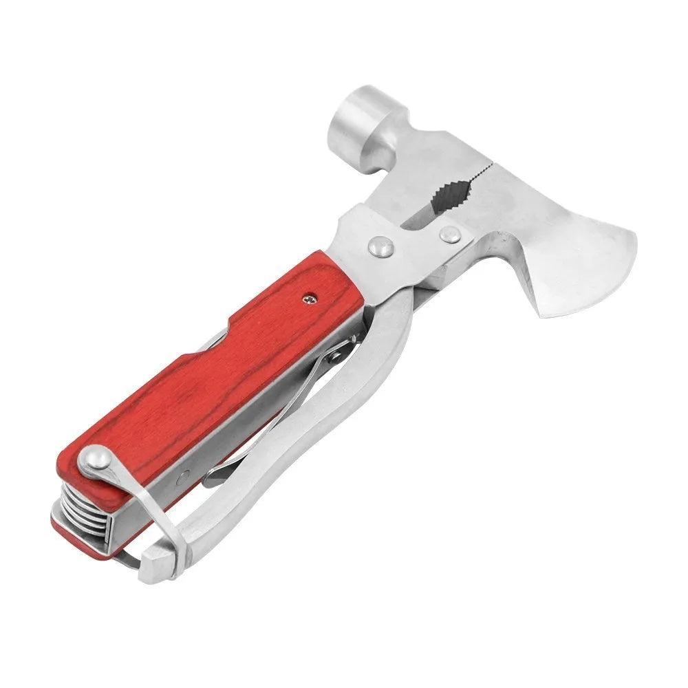 Multifunctional 16-in-1 car safety hammer with solid steel construction and Oxford fabric carry bag