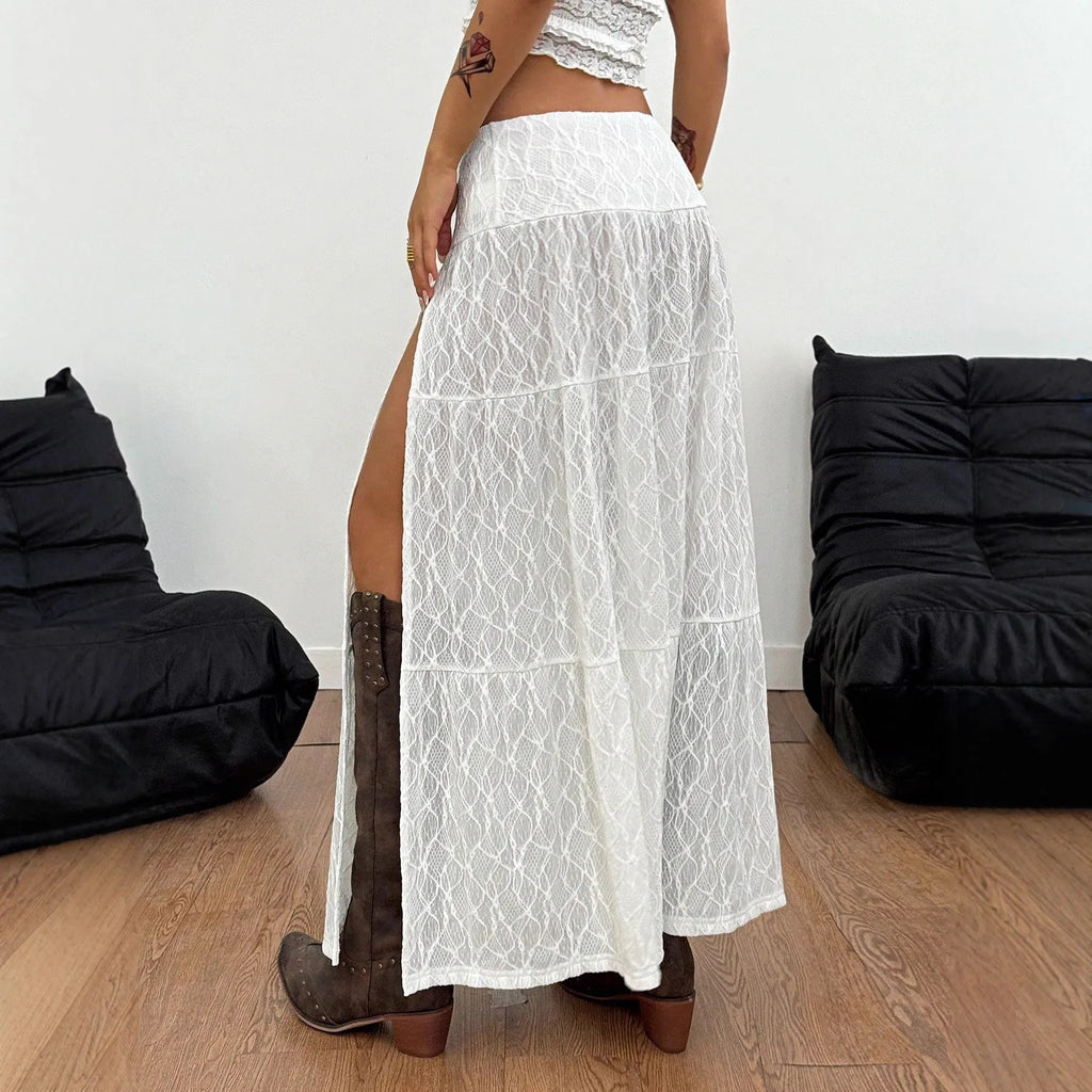 White women's A-line skirt with lace side seam and jacquard pattern cloth for beach vacation