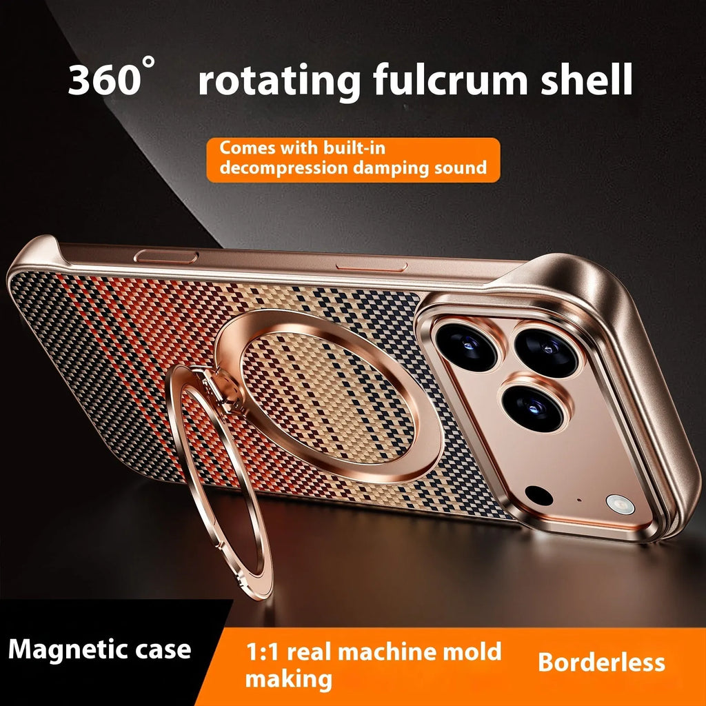 Black aramid fiber frameless phone case with bracket for iPhone 15 Pro Max