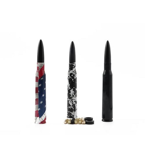 Bullet-style car antenna in camouflage green, black, or American flag design, showing 14cm length.